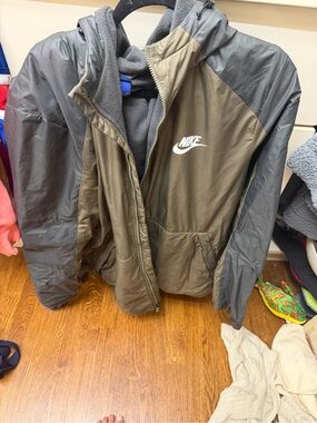 Nike Olive and Gray Hooded Jacket with White Logo